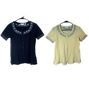 Lot Of 2 VTG Y2K Button Up Embroidered Gauzy Crepe Cotton Shirt Top Womens Sz XS